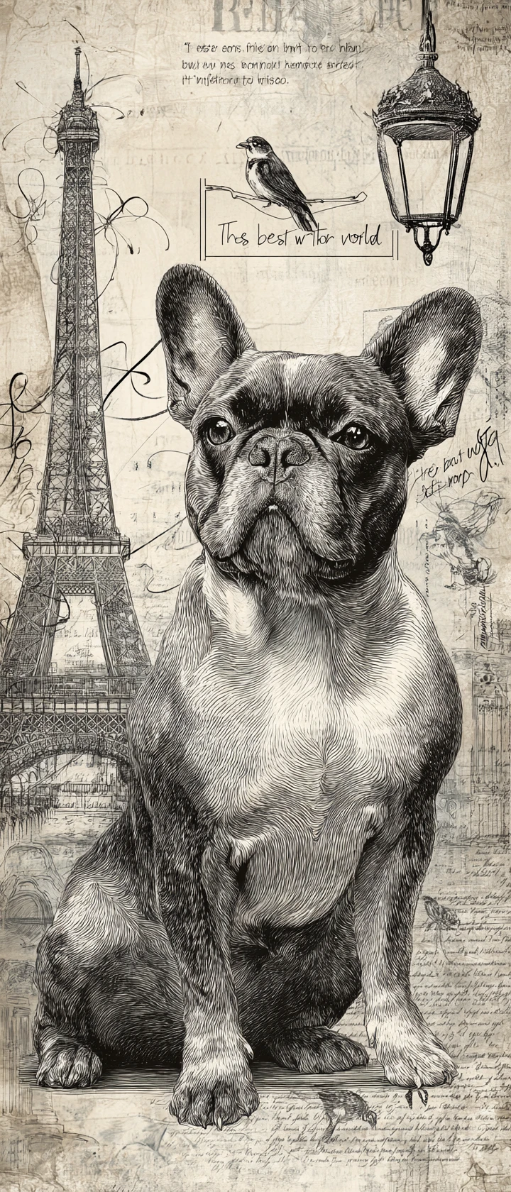 Buldogue francês com horizonte de Paris e elementos de colagem vintage