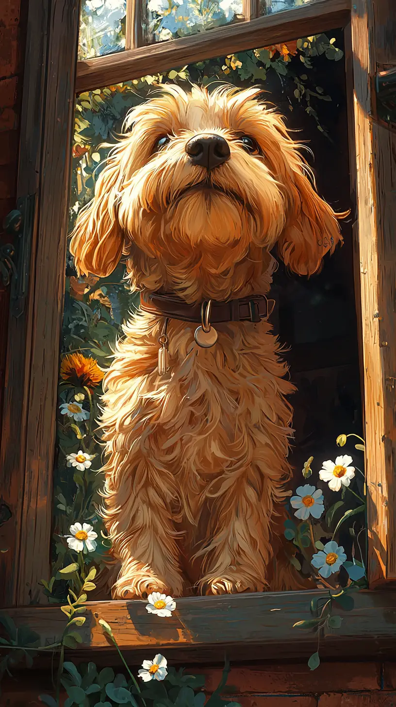 Portrait d’un chien ébouriffé avec des fleurs dans un cottage douillet