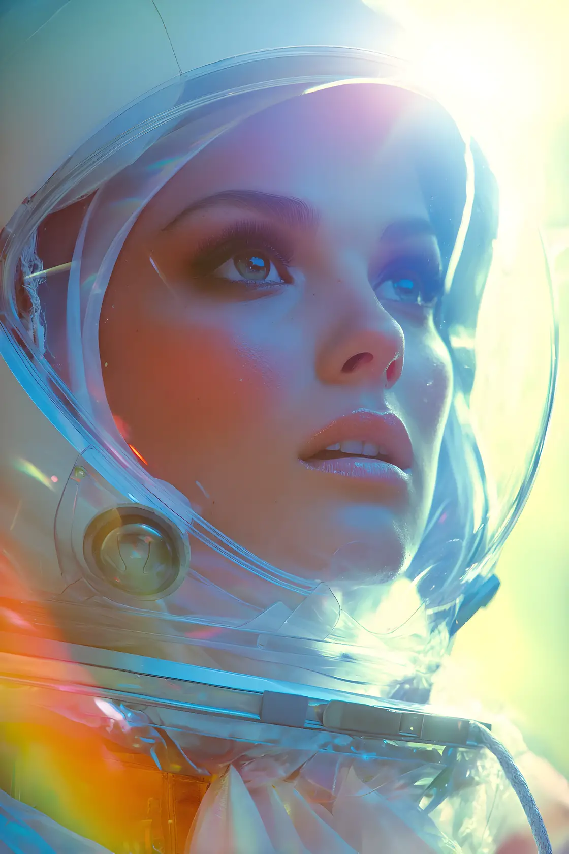 宇宙のワームホールへ飛ぶ女性宇宙飛行士