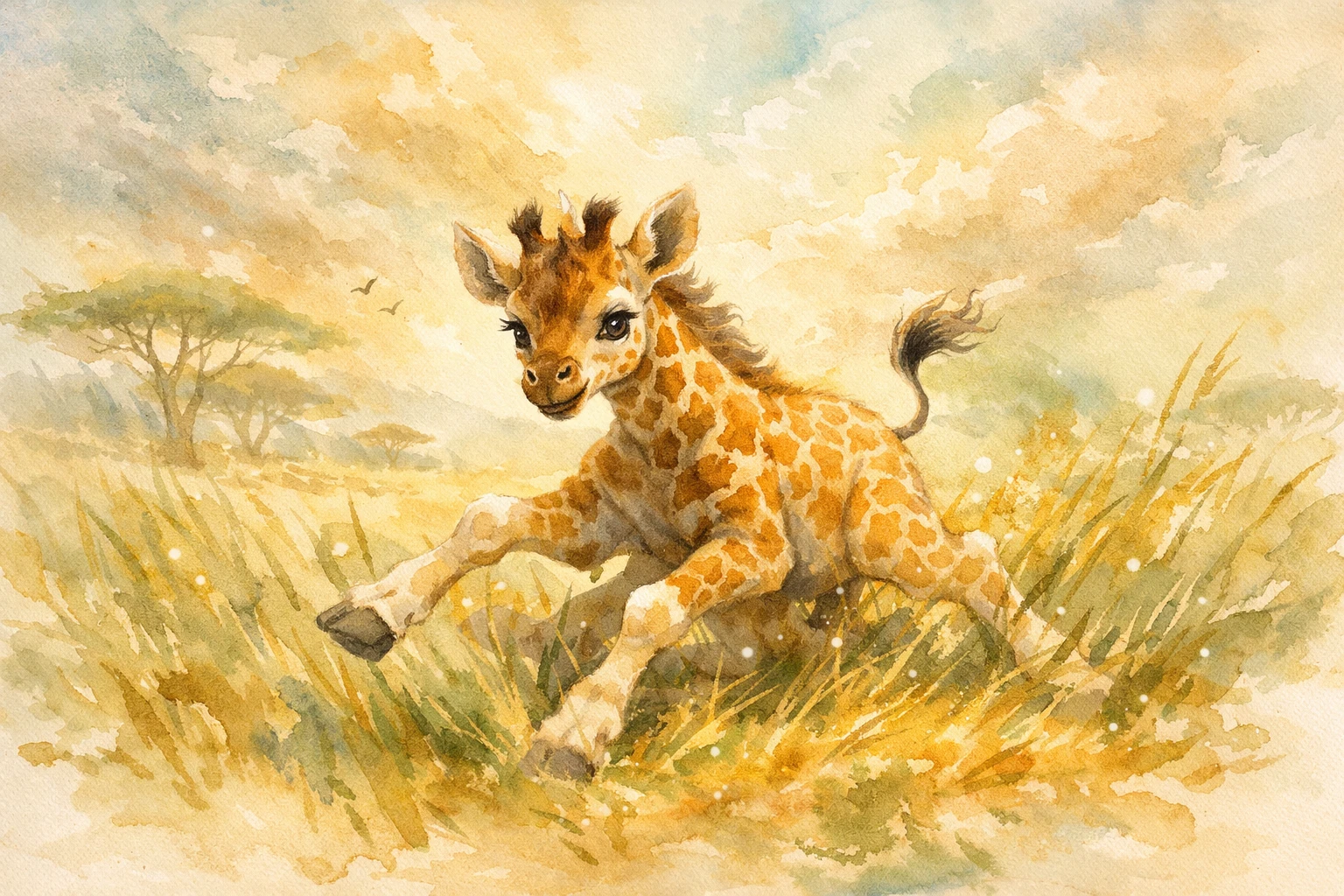 Jovem filhote de girafa tropeçando pela alta grama da savana