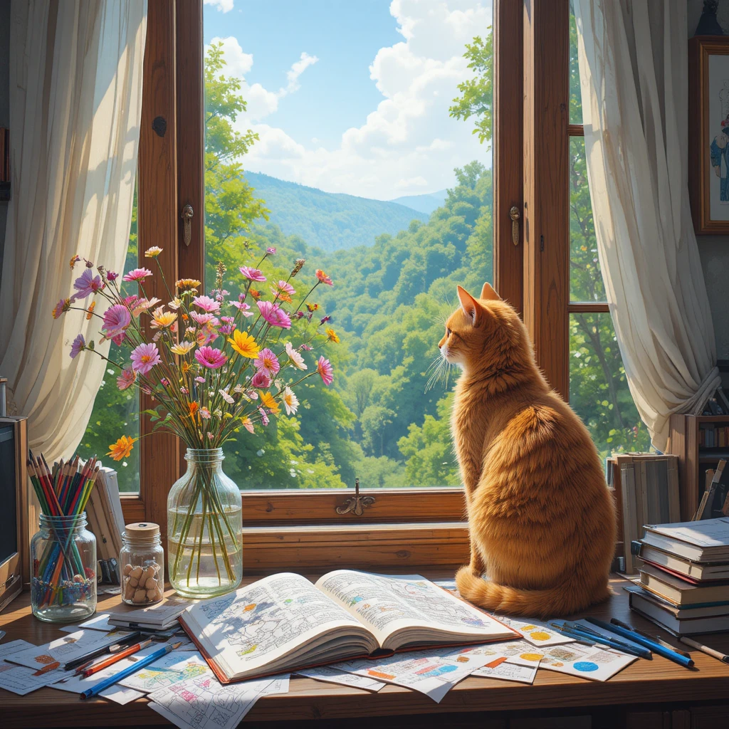 Gato naranja sobre un escritorio acogedor frente a una ventana iluminada por el sol