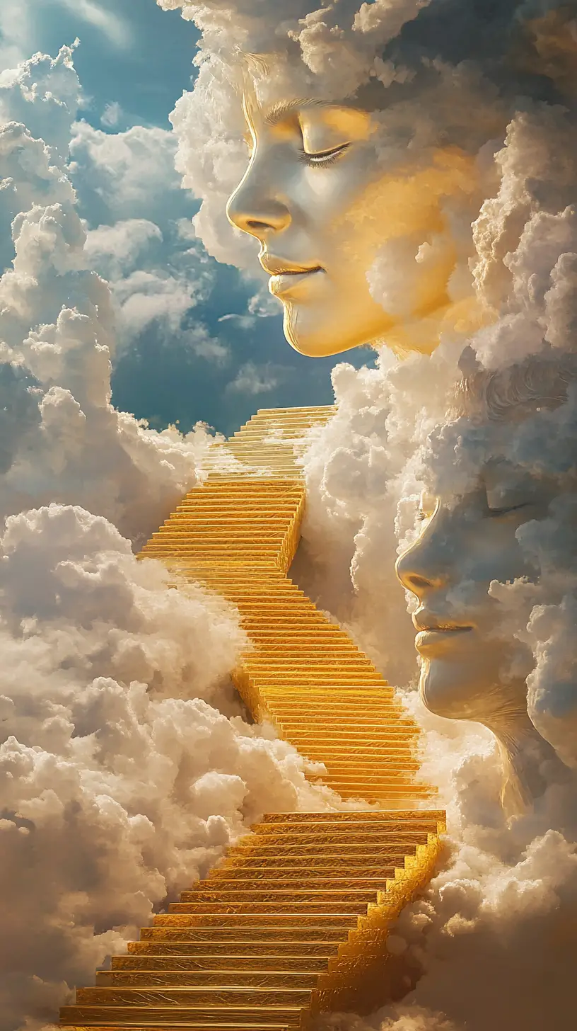 通往夢幻天空的超現實金色階梯