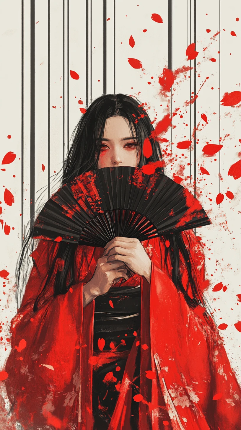 Femme en kimono rouge se cachant derrière un éventail sombre