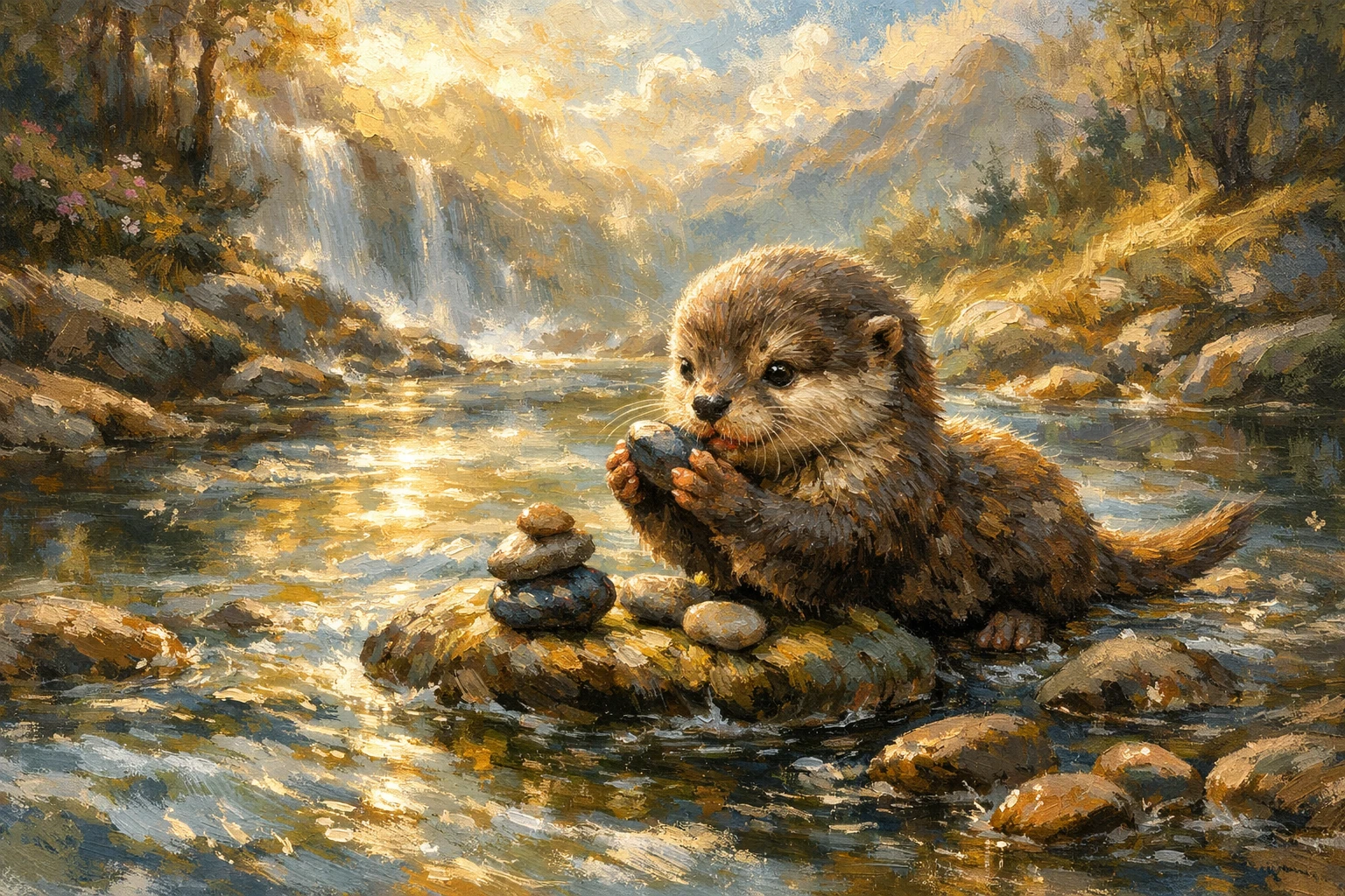 Junger Otter spielt mit Steinen in einem fließenden Fluss