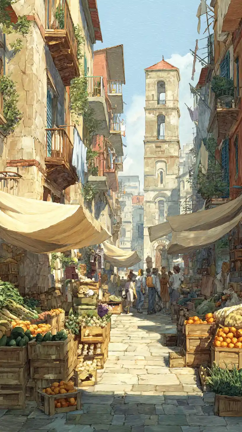 Bustling Mediterranean street market with warm sunlit buildings
