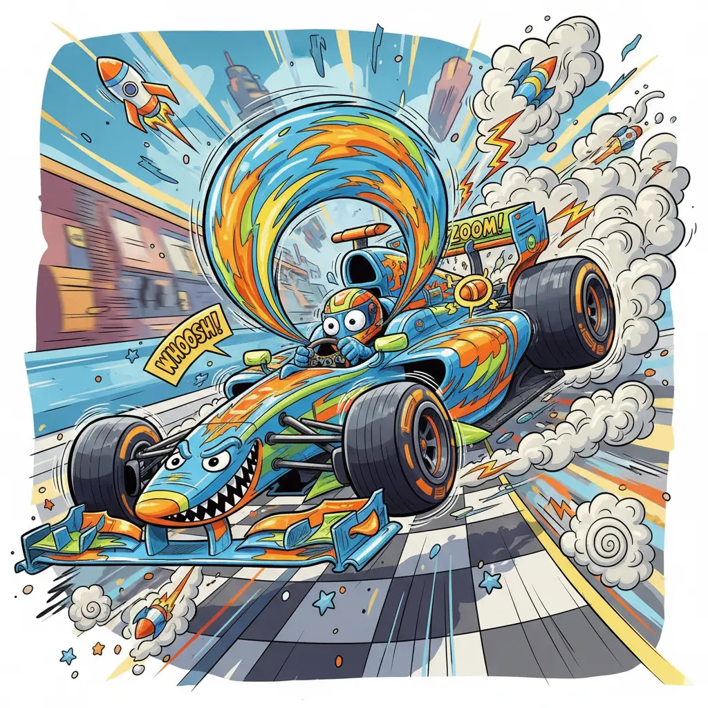 Auto da corsa cartoon con velocità e agilità esagerate