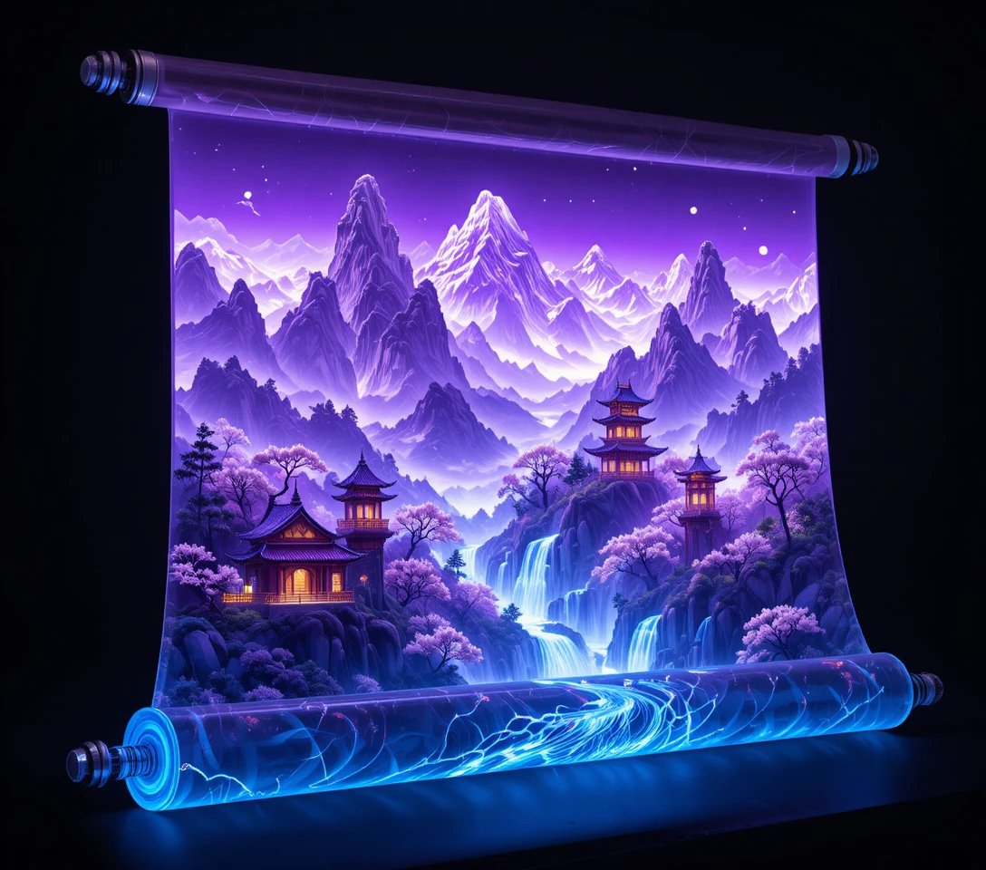 Pergaminho neon revelando montanhas chinesas imponentes e pagodes