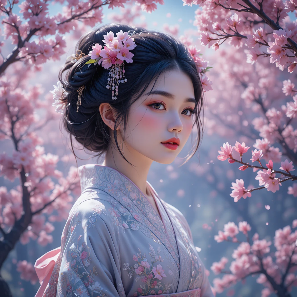 Gelassene Geisha im Kimono unter rosa Kirschblüten