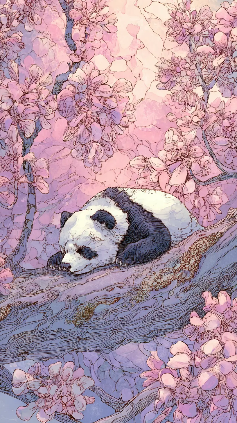 満開の藤の下で眠るパンダの水彩アート