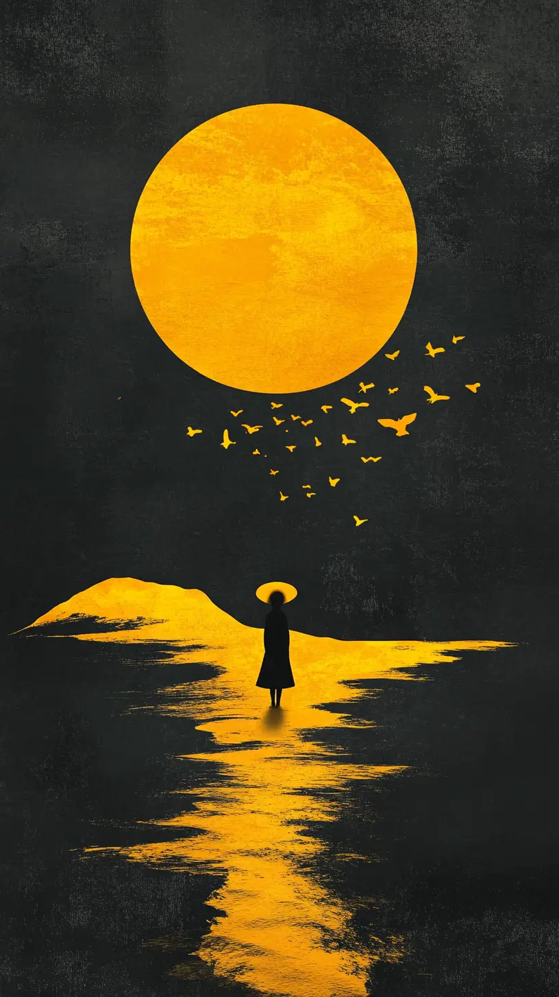Figura solitaria in un paesaggio surreale giallo e nero