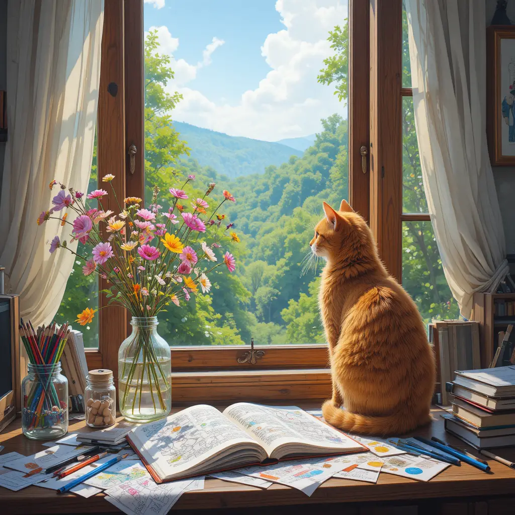 Chat orange sur un bureau cosy face à une fenêtre ensoleillée