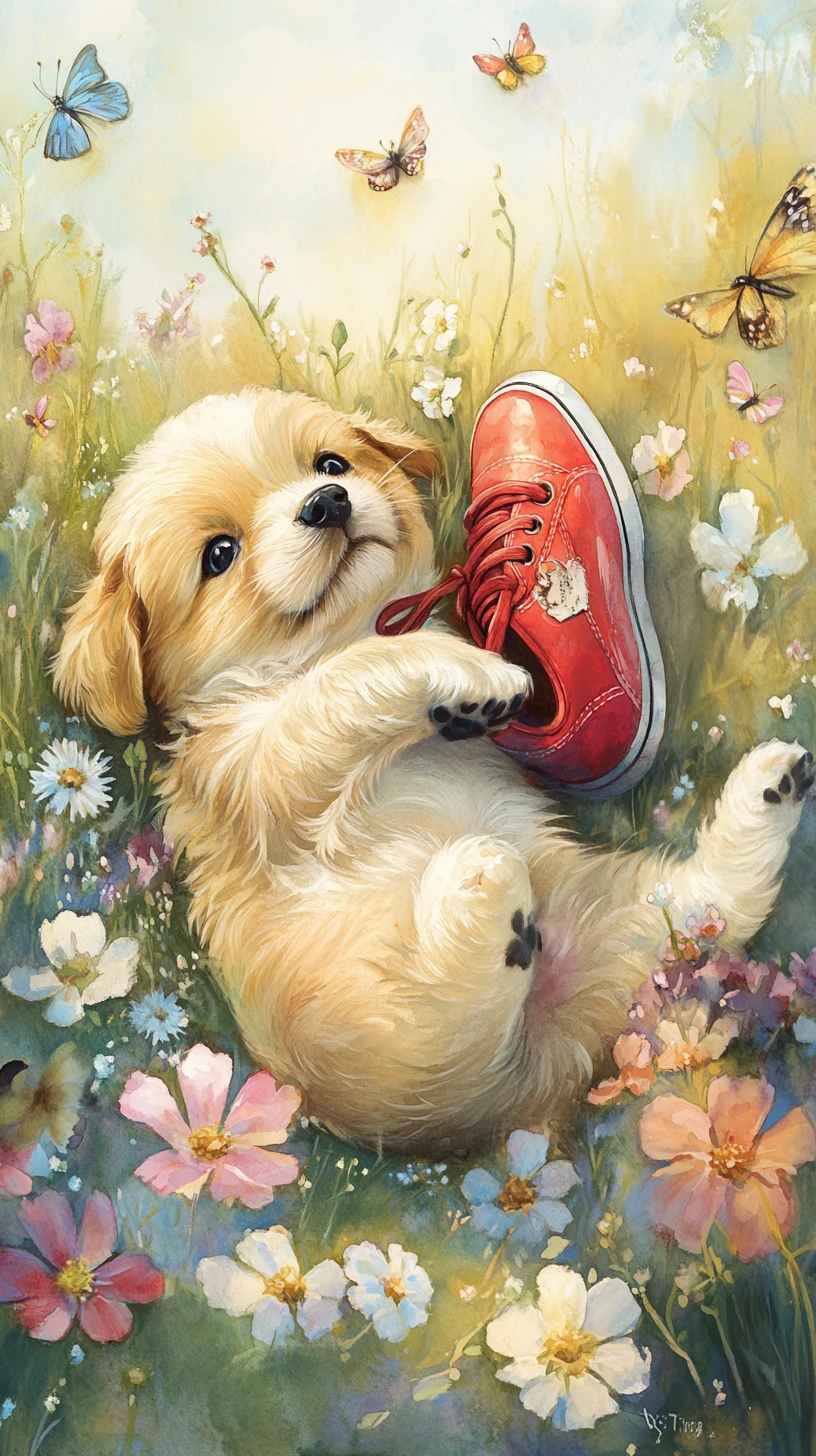 Chiot joueur avec basket rouge dans un pré fleuri baigné de soleil