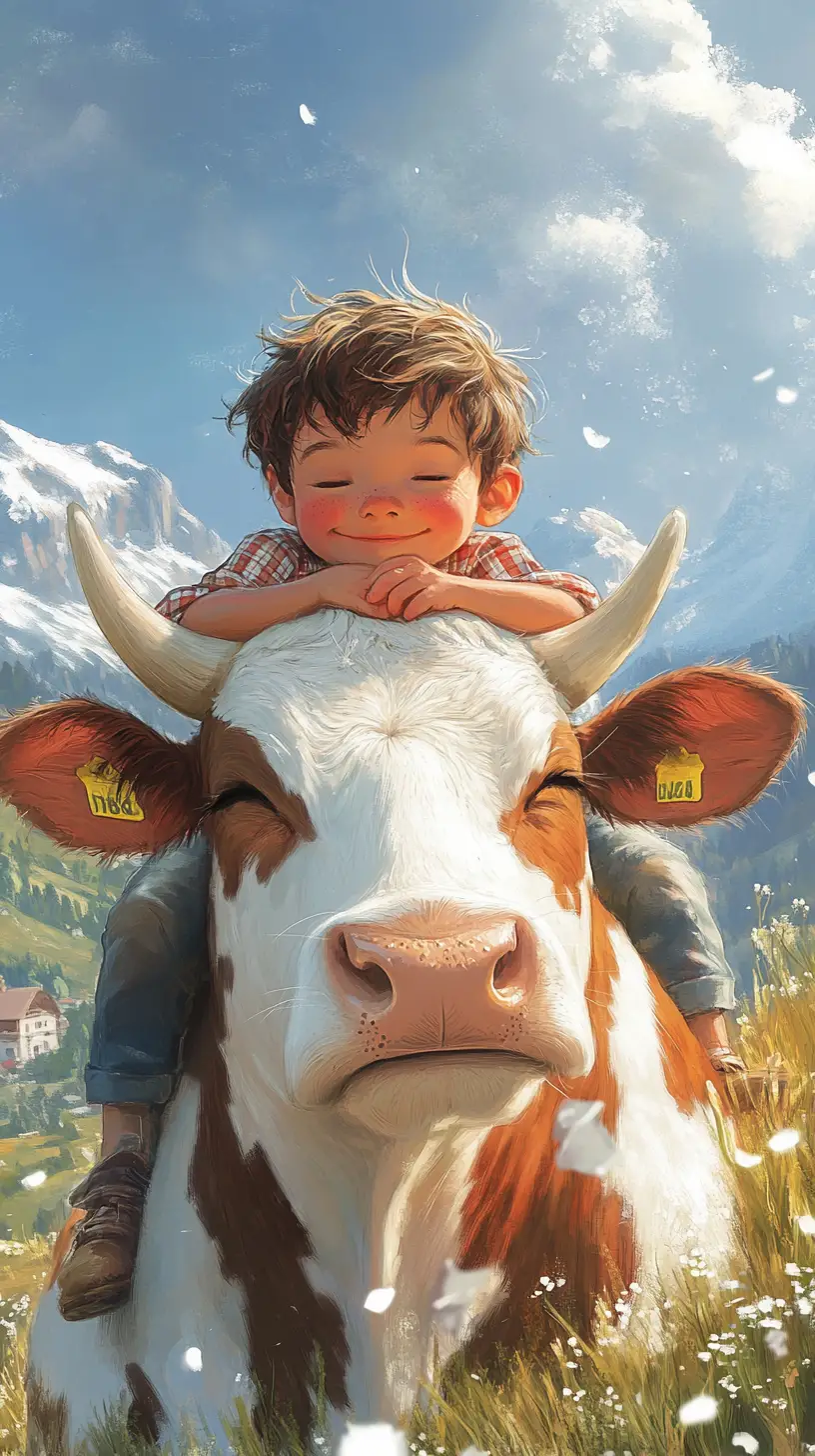 Ragazzo felice che riposa su una mucca in un prato alpino da sogno