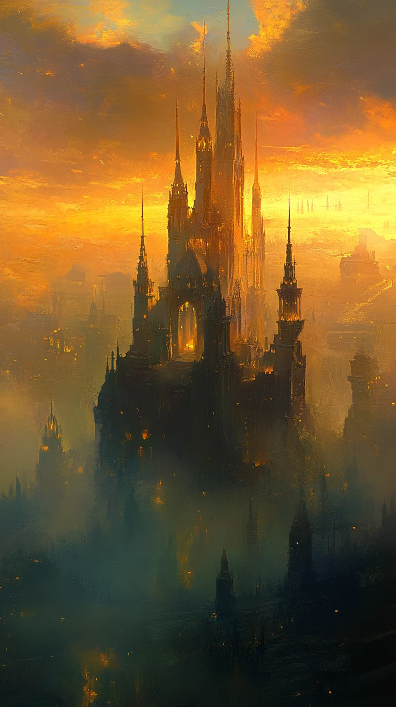 Castelo de fantasia etéreo erguendo-se num céu dourado e enevoado