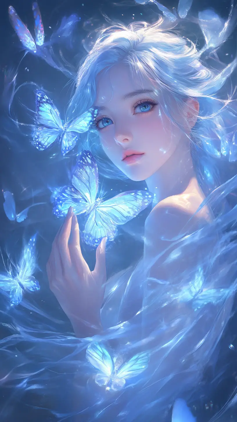 Femme éthérée aux cheveux bleus avec des papillons lumineux