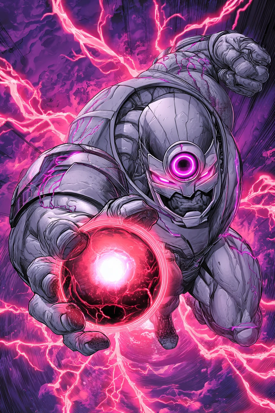 Super-herói Empunhando Orbe de Energia Vermelha em Tempestade Cósmica