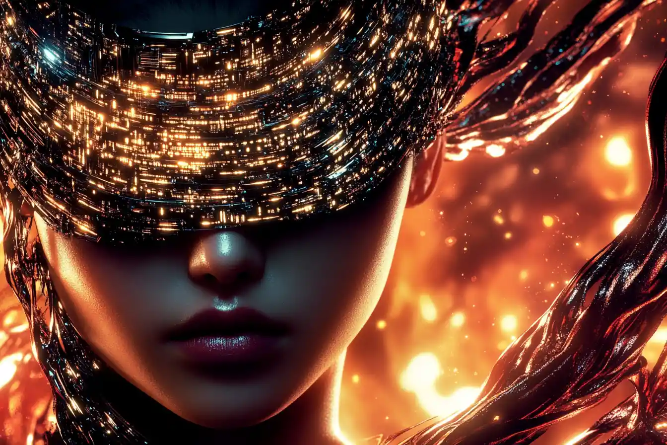 Donna cyberpunk con benda a circuiti in primo piano di profilo
