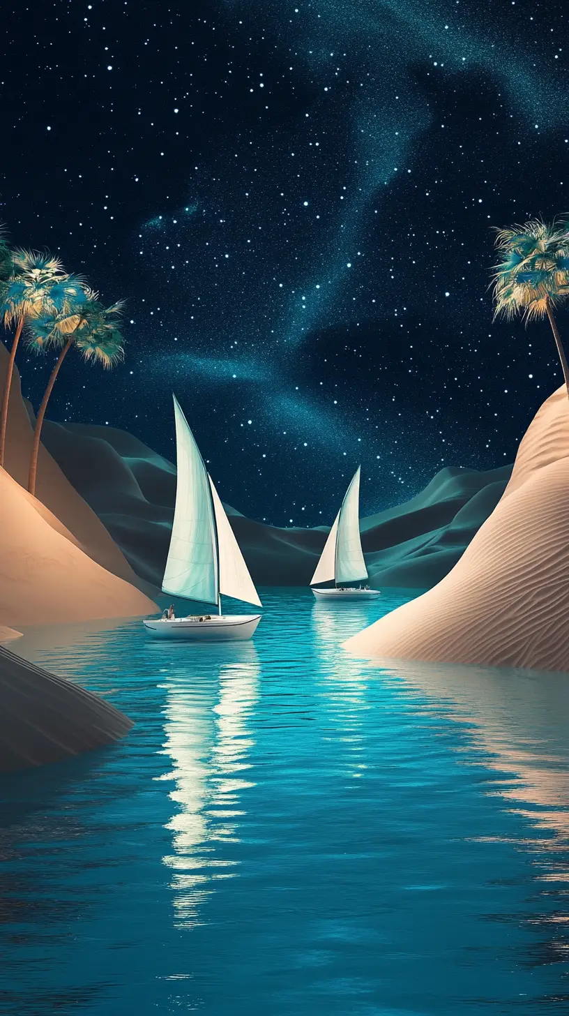 繁星夜空下的寧靜沙漠綠洲水道