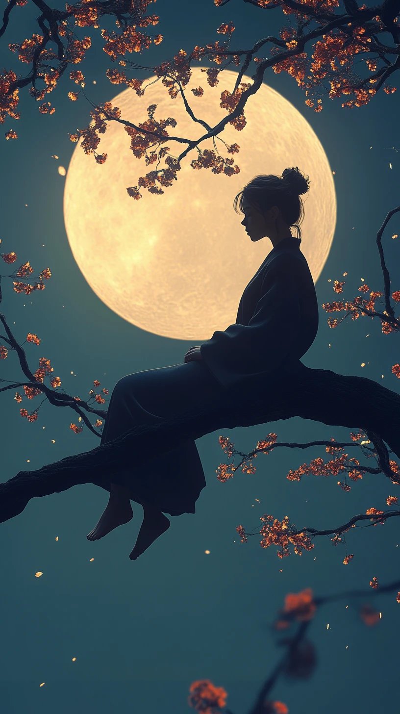 Girl silhouette on moonlit tree branch in dreamy night