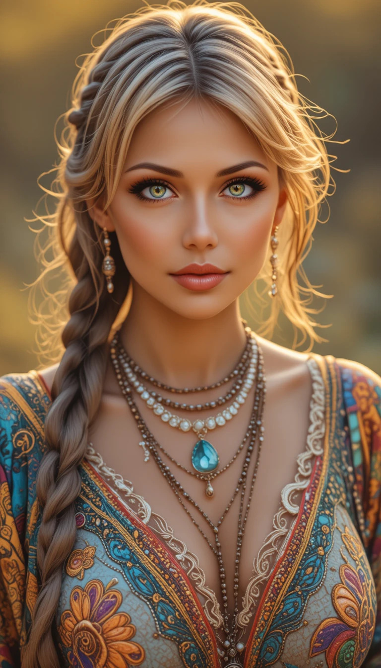 Mystical woman with glowing green eyes in golden light
