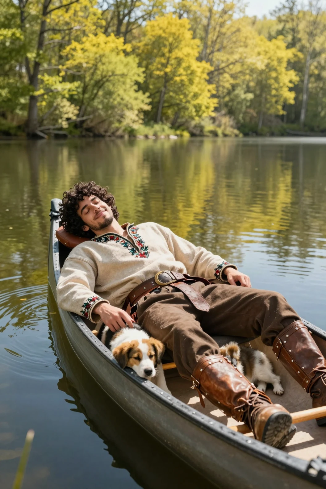 Homme grec dormant dans un canoë avec un chiot sur un lac