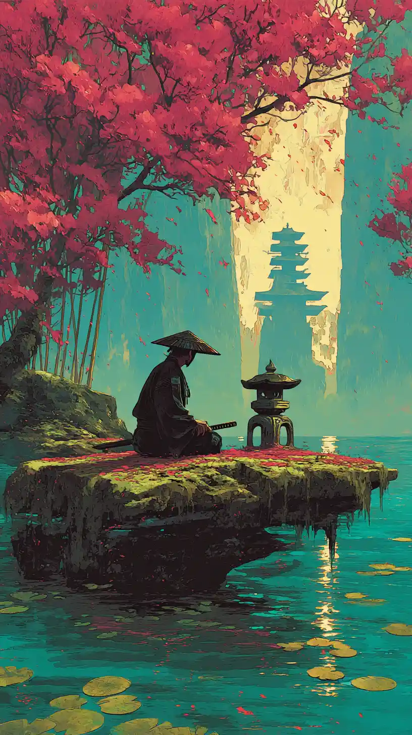 Lone samurai in seiza on mossy stone island
