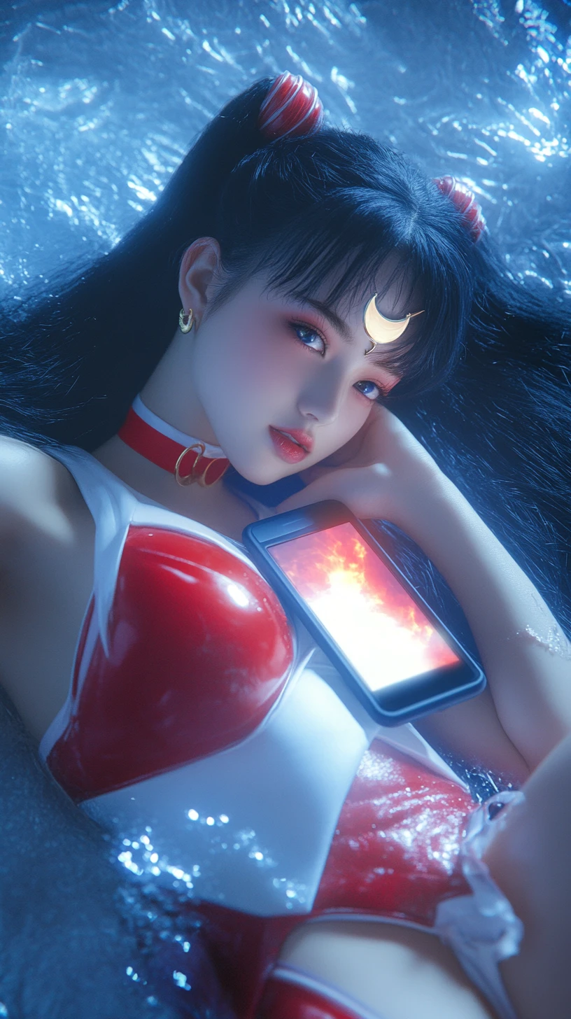 Fille d’anime en tenue de marin reposant sur un smartphone lumineux