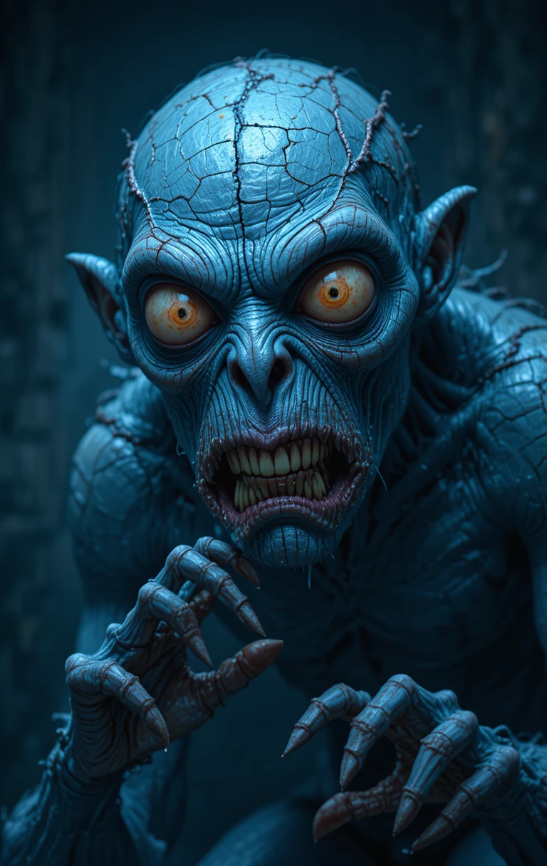 Close-up de um monstro em CGI de pele azul