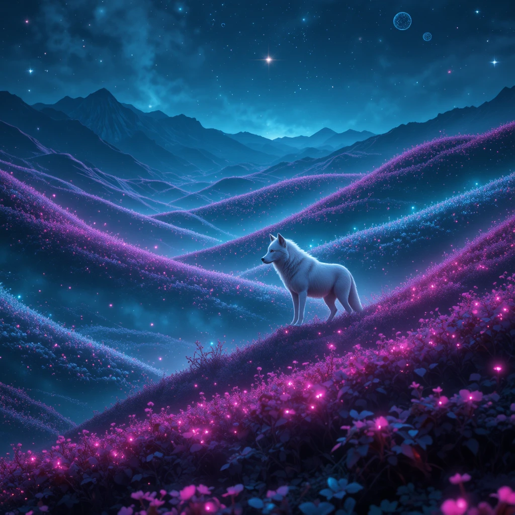 Lobo branco em vale luminoso de insetos bioluminescentes