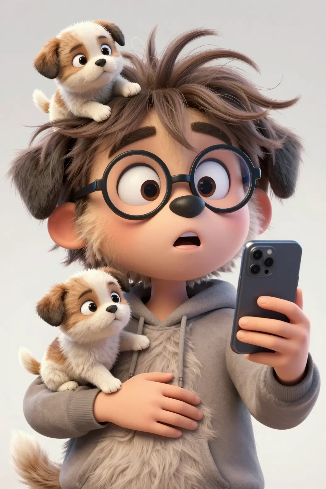 Mamma cane a cartone che si scatta un selfie caotico con i cuccioli