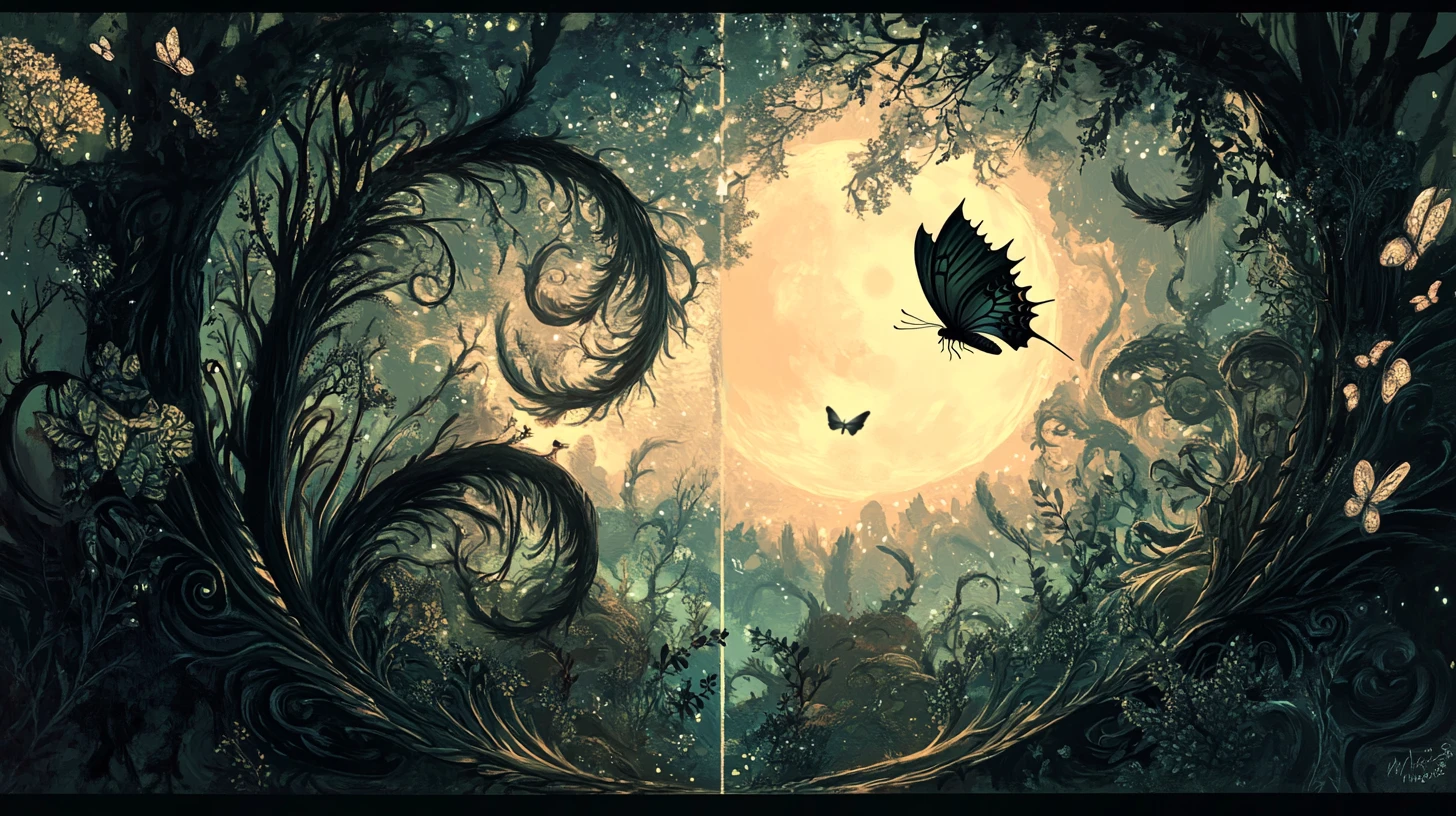 Papillon dans une forêt mystique de fantasy Yin Yang