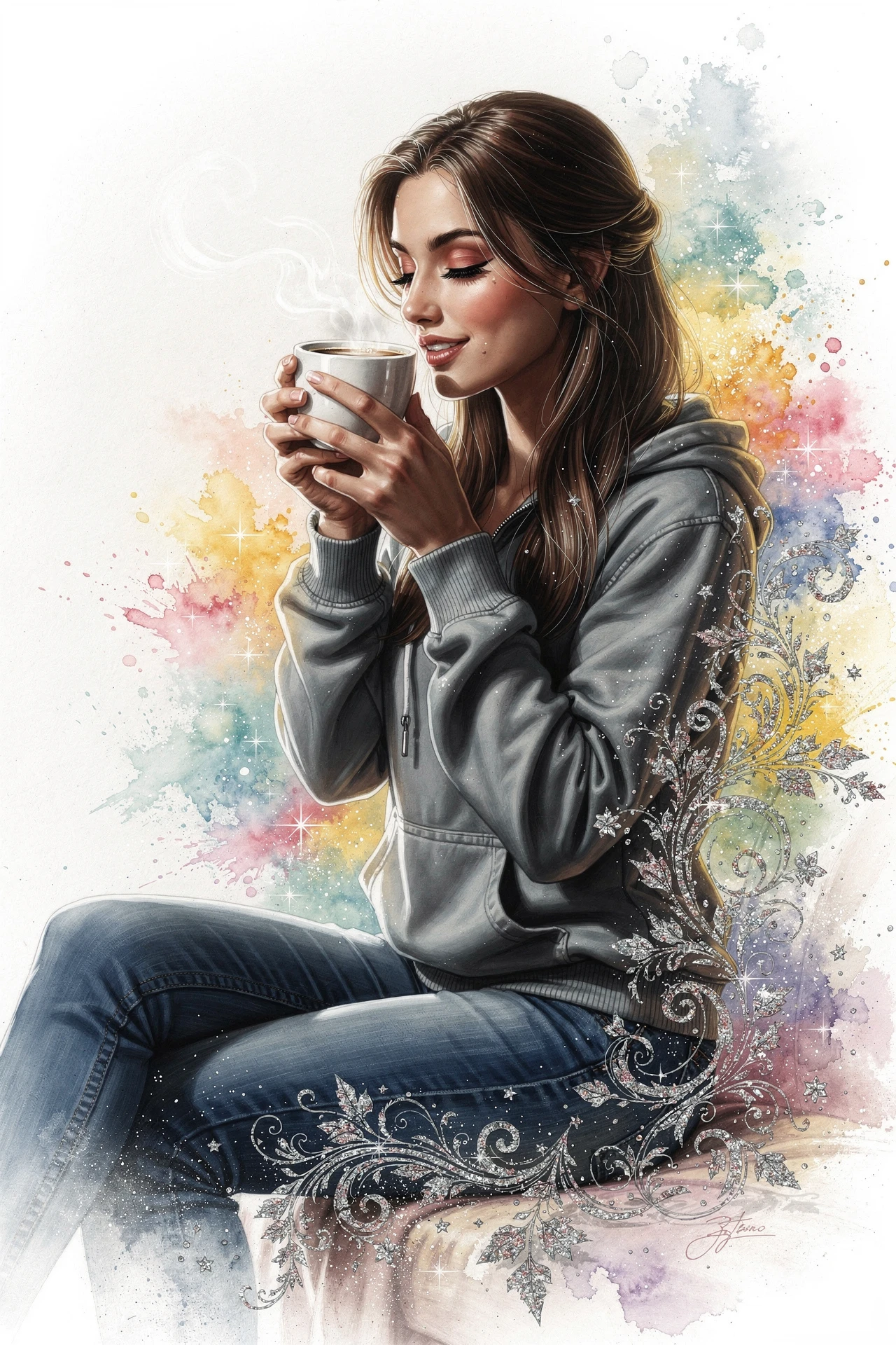 Beautiful woman in hoodie relaxing and drinking coffee