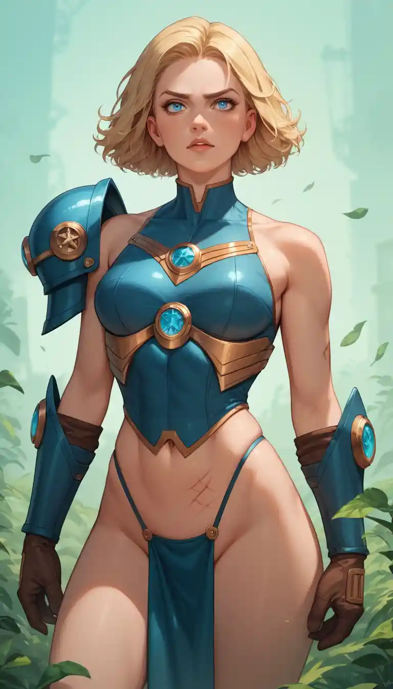 Selbstbewusste Anime-Kriegerin in einer futuristischen Steampunk-Stadt