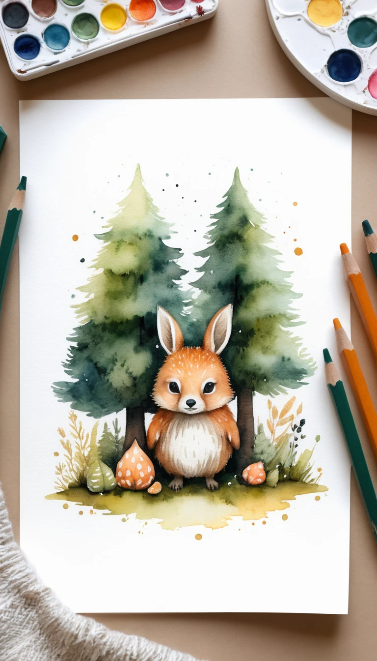 Petit personnage cosy du peuple de la forêt en style aquarelle