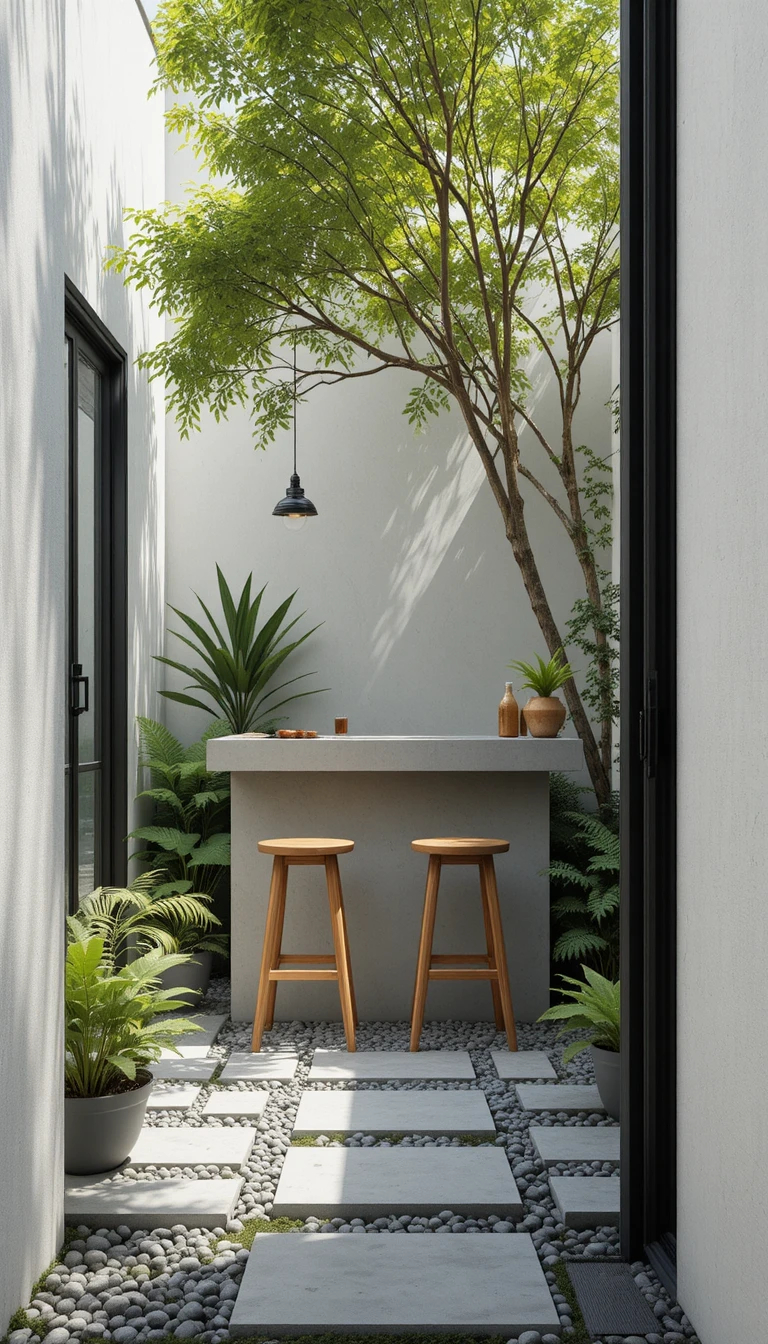 Bar moderno en patio con barra de hormigón y taburetes de madera