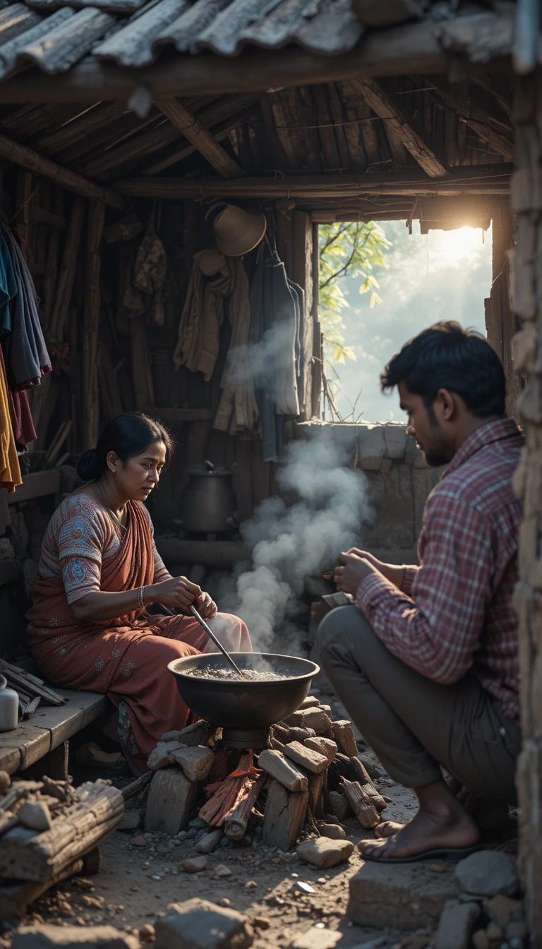 Familia nepalesa pobre en una choza de una pequeña aldea al amanecer