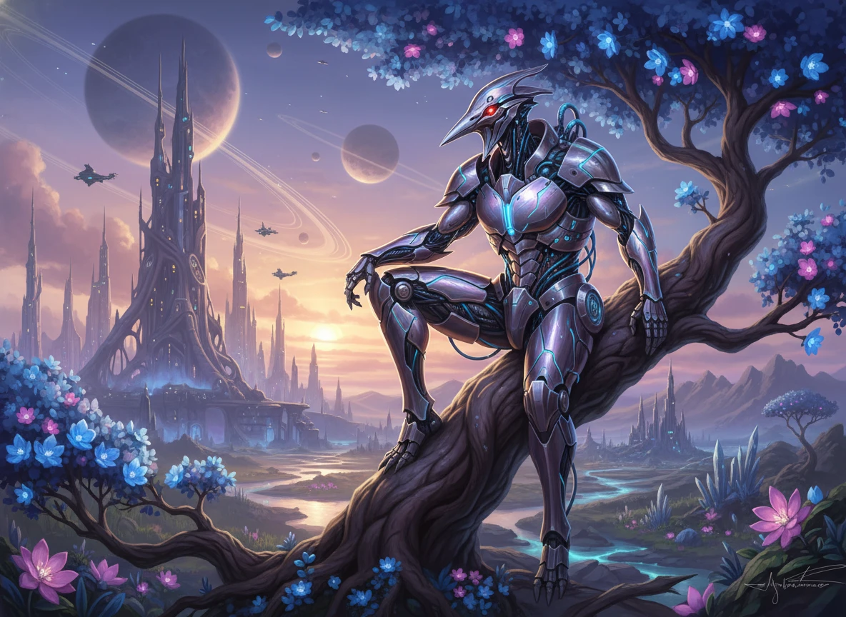 棲息在春季森林樹枝上的奇幻裝甲鶴騎士