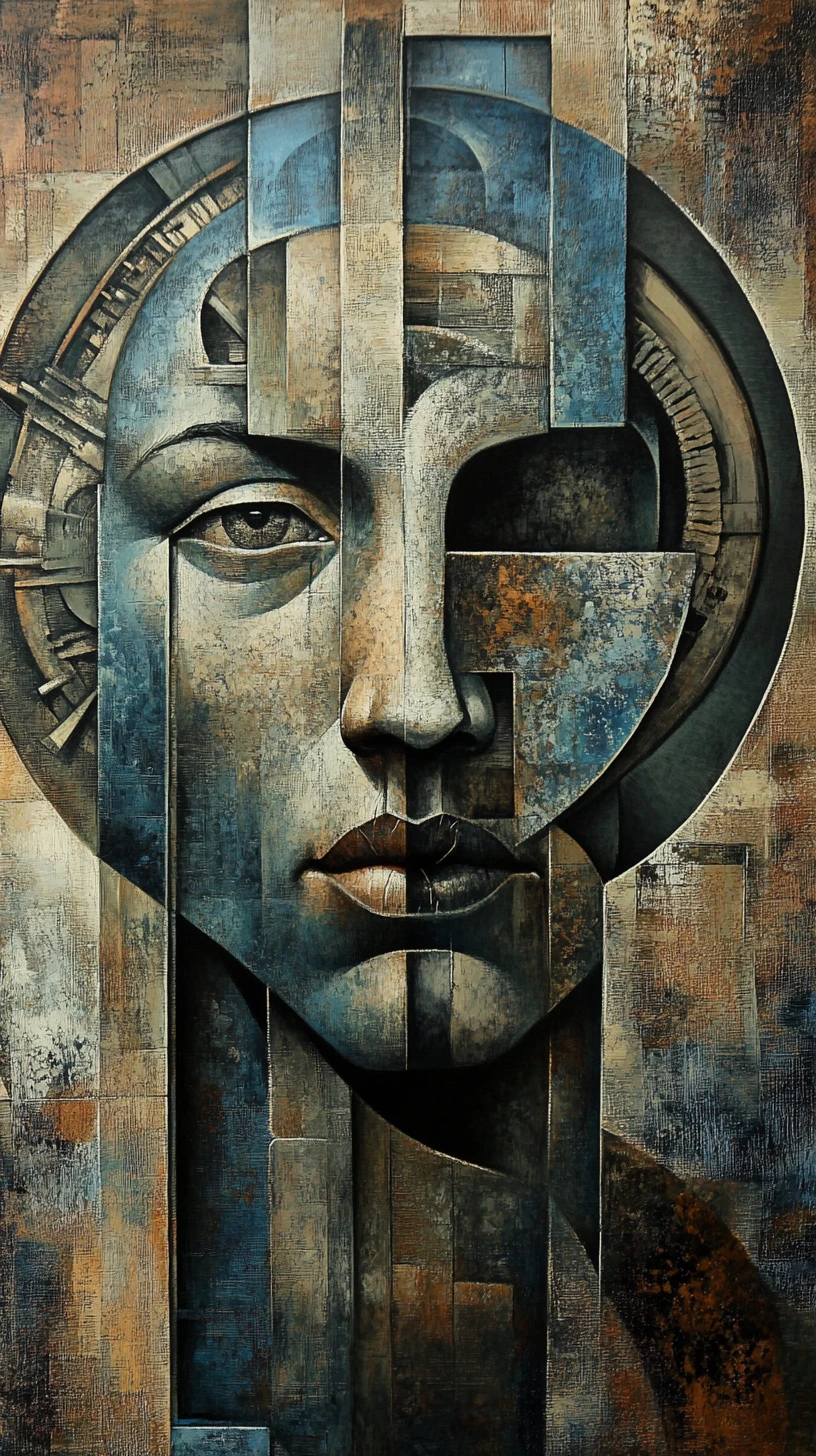 Surreal cubist portrait of fragmented mechanical human faces