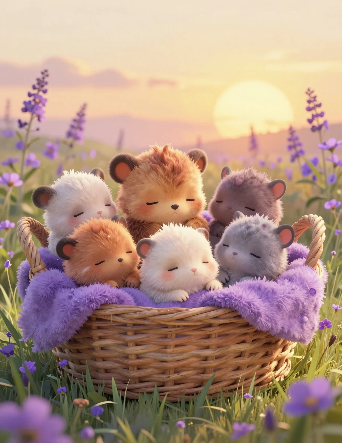 Cute baby animals curled in a lilac blanket at sunset