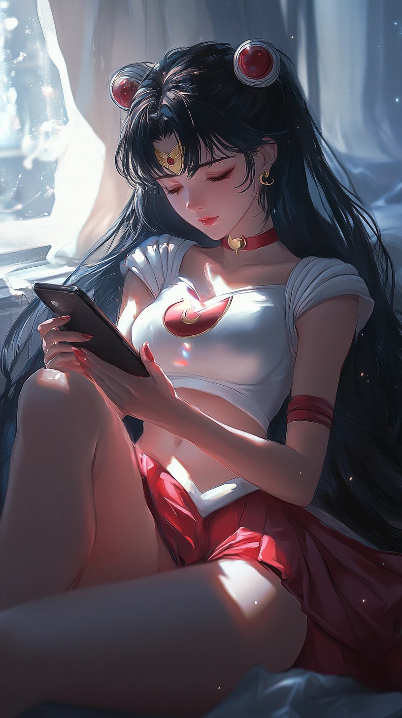 Anime-Frau, die auf einem leuchtenden Smartphone-Bildschirm ruht