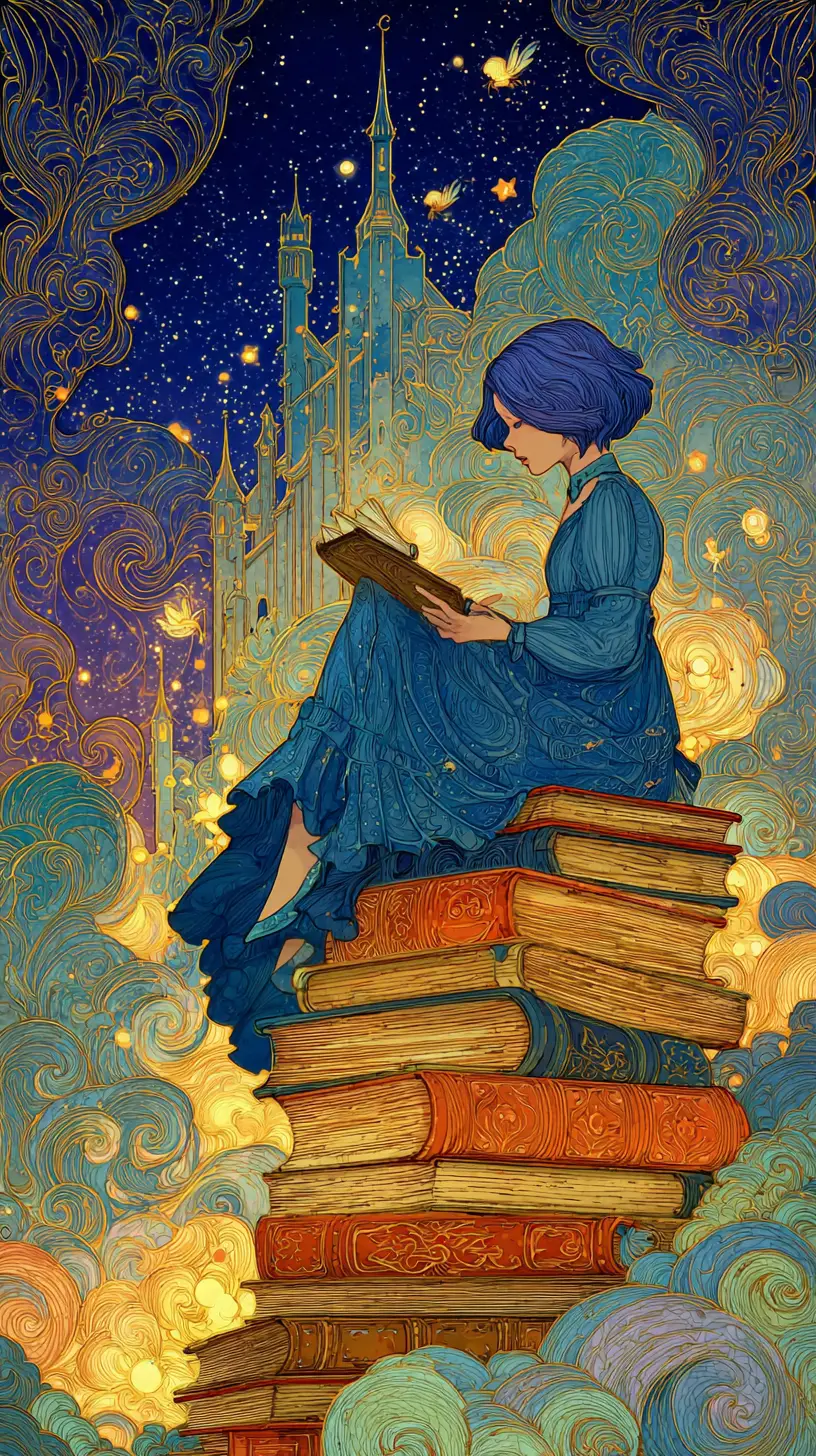 Dolce ragazza su libri imponenti in un mondo fiabesco da sogno