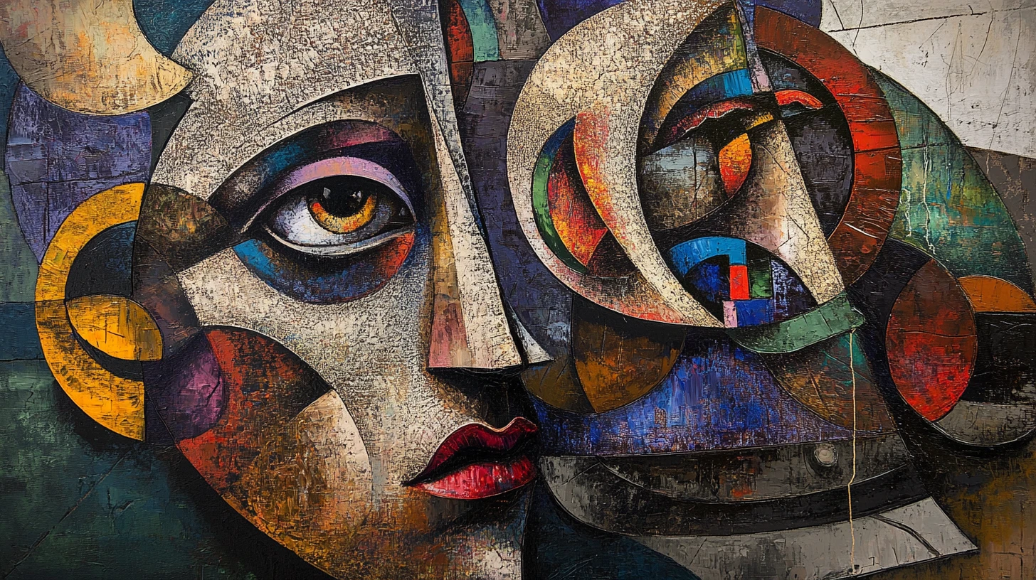 Surreal Cubist Portrait Of Fragmented Mechanical Human Faces