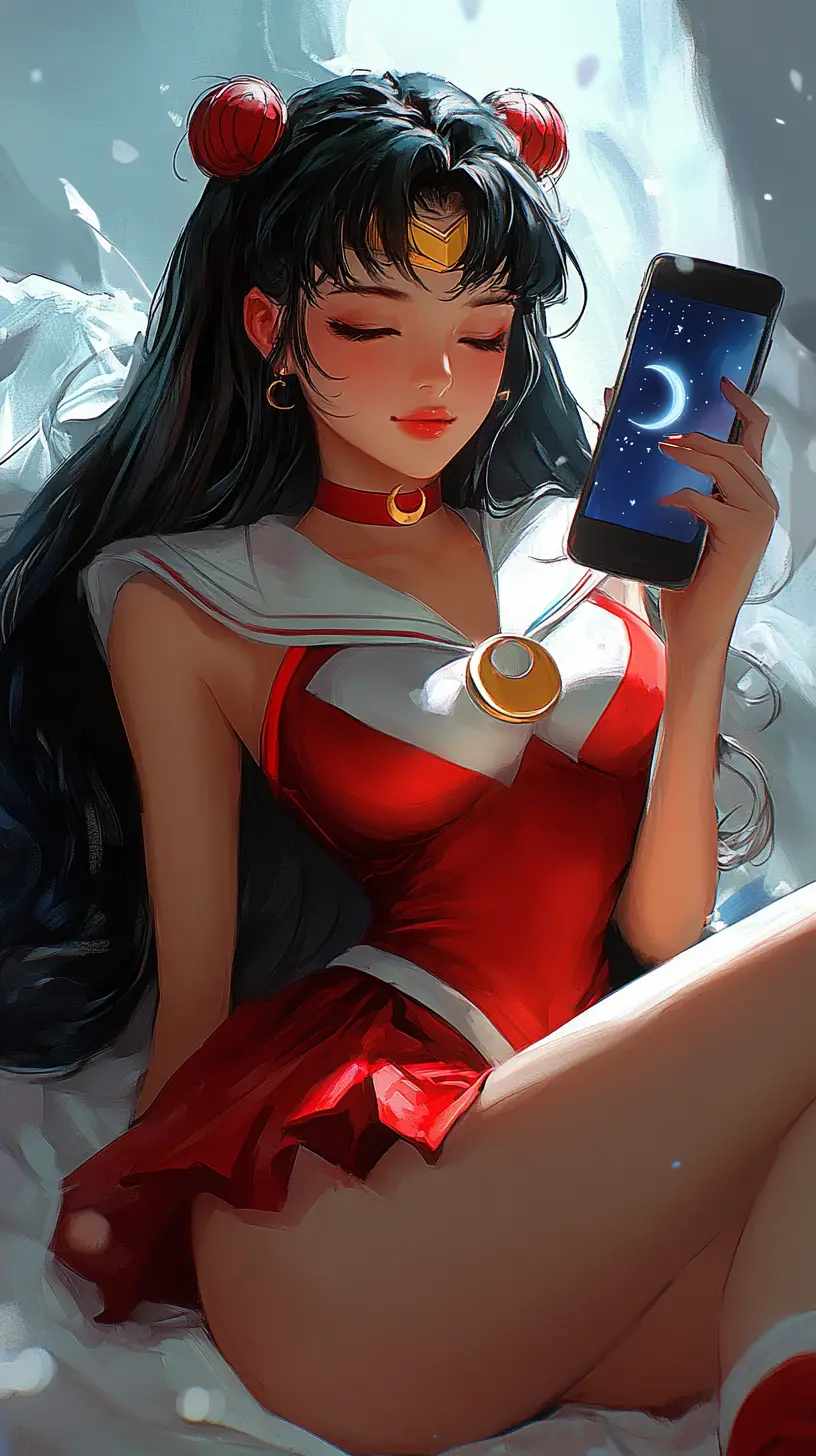 Anime-Mädchen im Matrosenoutfit ruht auf leuchtendem Smartphone