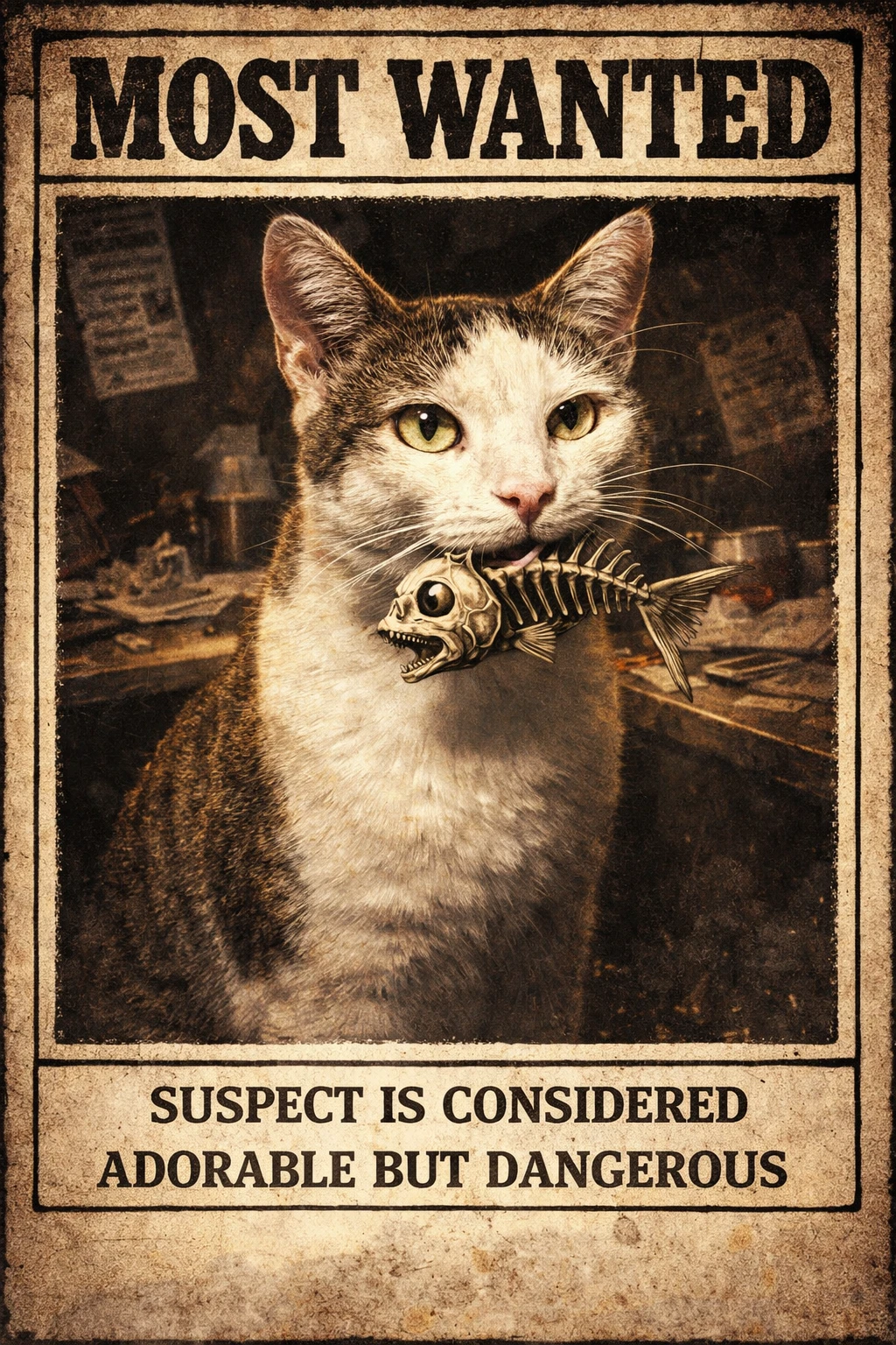 Cartaz de procurado cinematográfico de um gato malhado convencido com um peixe