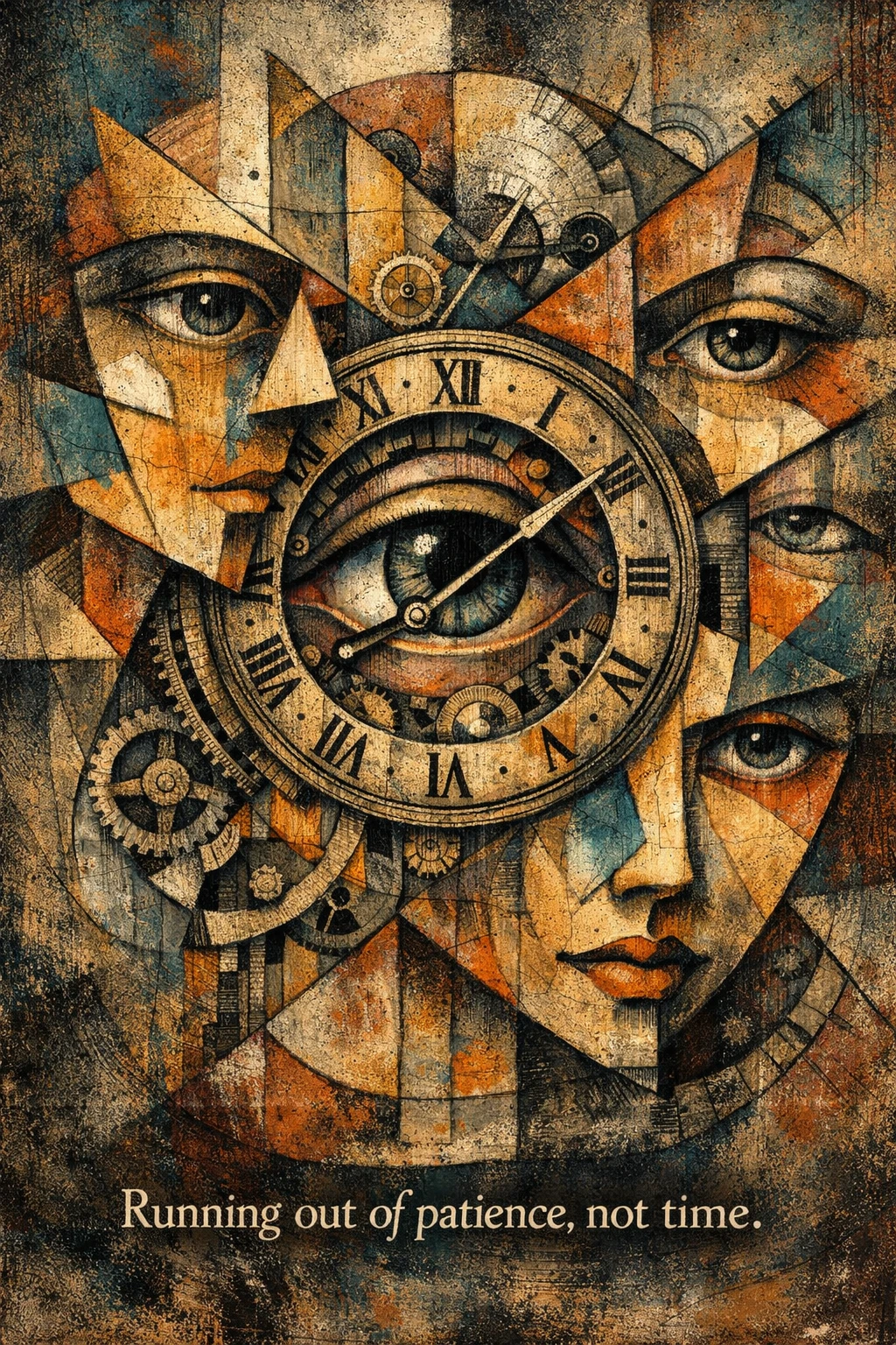 Occhio surreale in quadrante circolare del tempo in ritratto astratto