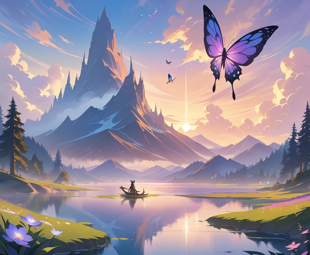 Mariposa sobre flor junto a un sereno lago de montaña al amanecer