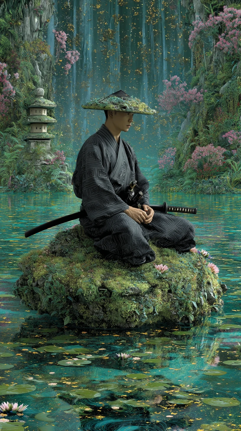 Samurai solitário em seiza ao lado de lanterna de pedra coberta de musgo