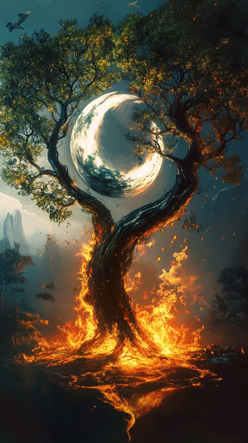 Yin yang trees linked by glowing spiritual energy