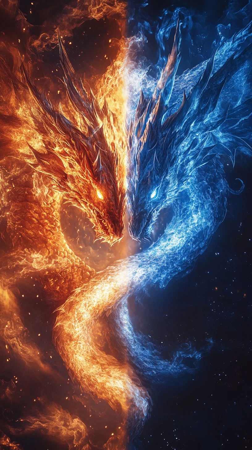 Elemental dragon split between fire and ice in symmetry