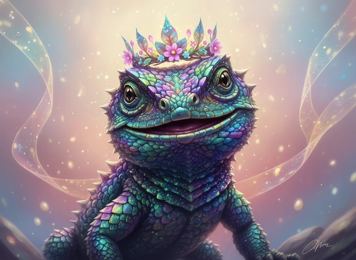 Cheerful small lizard with a bright detailed smile